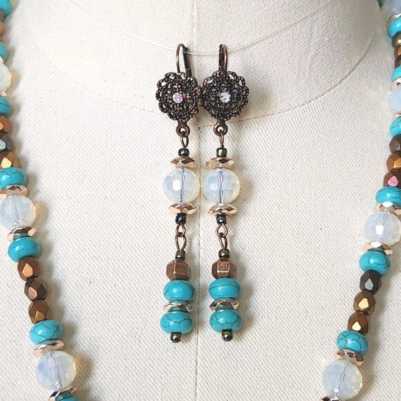 Southwest Beaded Necklace Earrings Set With Vtg Copper Pendant OOAK Handmade 23" - Picture 3 of 11